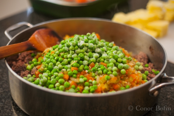 Peas, carrots, onion and celery sweated (not the peas) and ready for stage two.