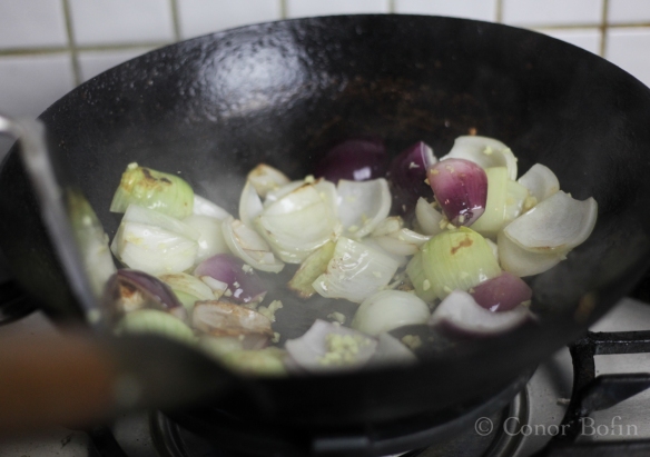 Get the onions softened first. They take a bit longer than the peppers.